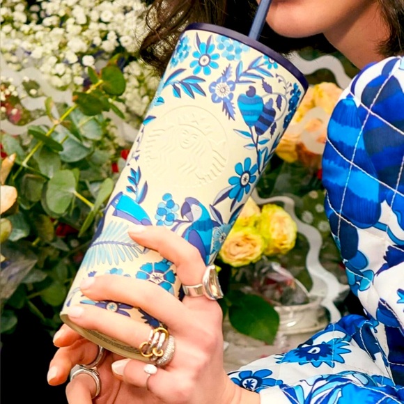 Starbucks x Farm Rio Stainless steel cup tumbler 24 oz Lenco Azulejo Blue Tucan